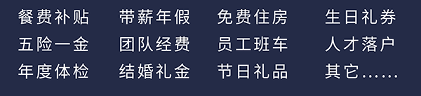 HJC黄金城平台员工福利：餐费补贴、五险一金、年度体检、带薪年假、团队经费、结婚礼金、免费住房、员工班车、节日礼品、生日礼券、人才落户、其它……